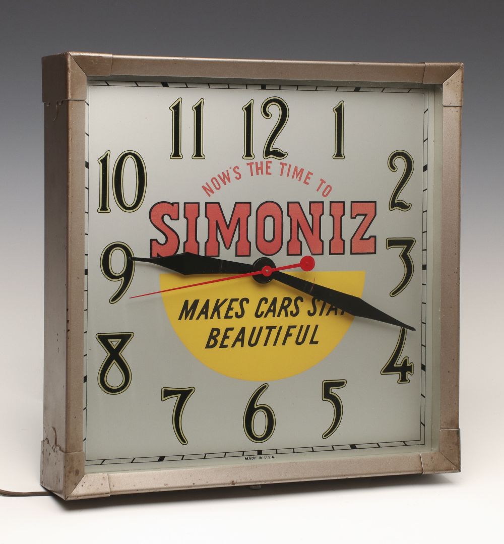 A SIMONIZ AUTOMOTIVE PRODUCTS ADVERTISING CLOCK C. 1940