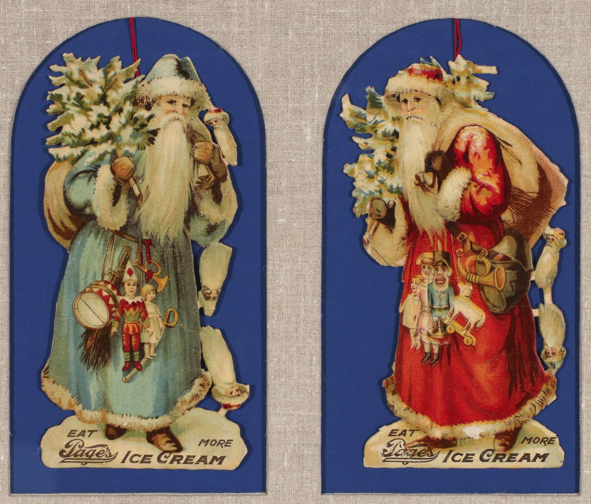 TWO VICTORIAN CHROMOLITHO DIE-CUT FATHER CHRISTMAS ADS
