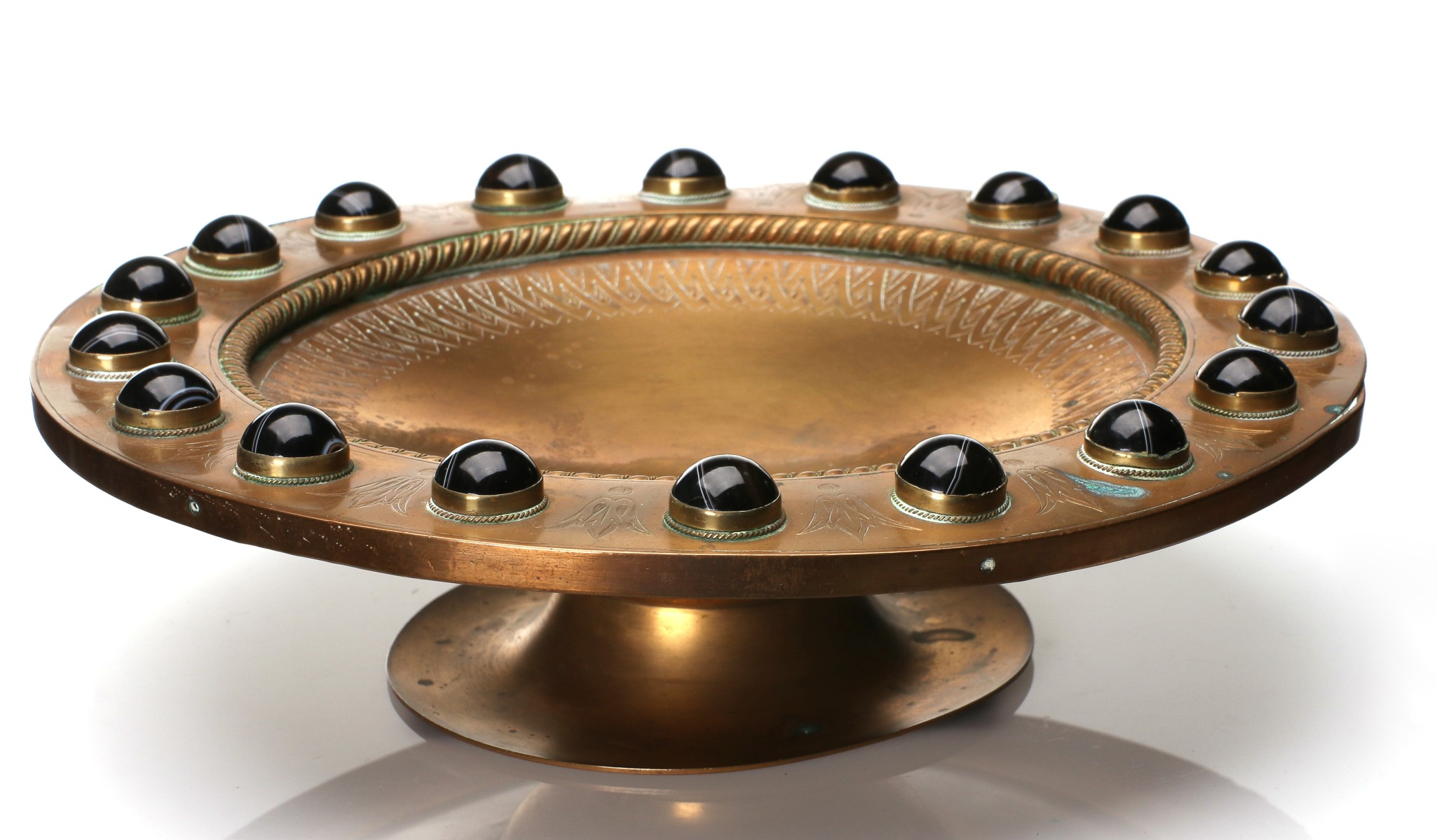 AN INTERESTING ENGRAVED BRASS TAZZA W/ AGATE CABOCHONS