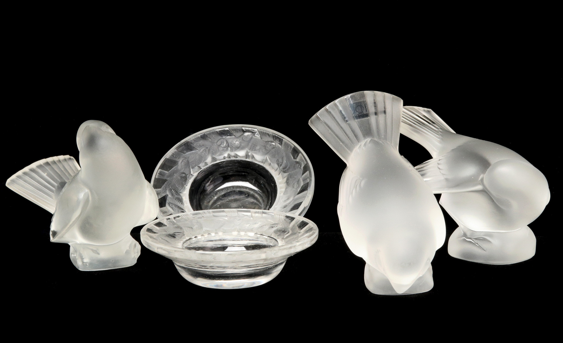 LALIQUE FRENCH CRYSTAL BIRD FIGURES AND DISHES