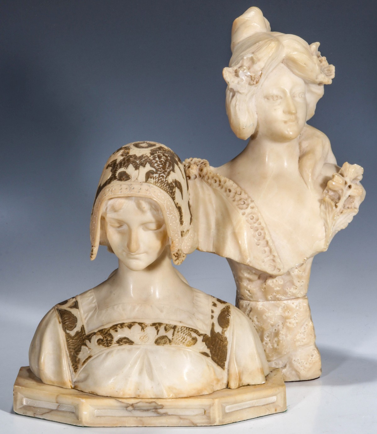 TWO EARLY 20TH C. ITALIAN SCHOOL MARBLE BUST FIGURES