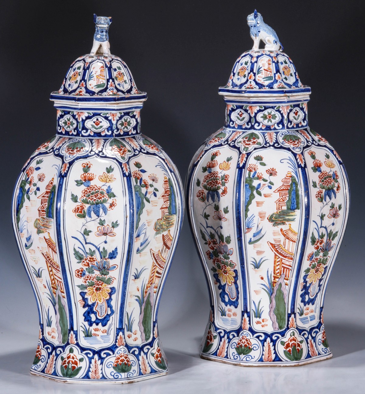 A PAIR 23-INCH LAMPETKAN DELFT POTTERY COVERED VASES