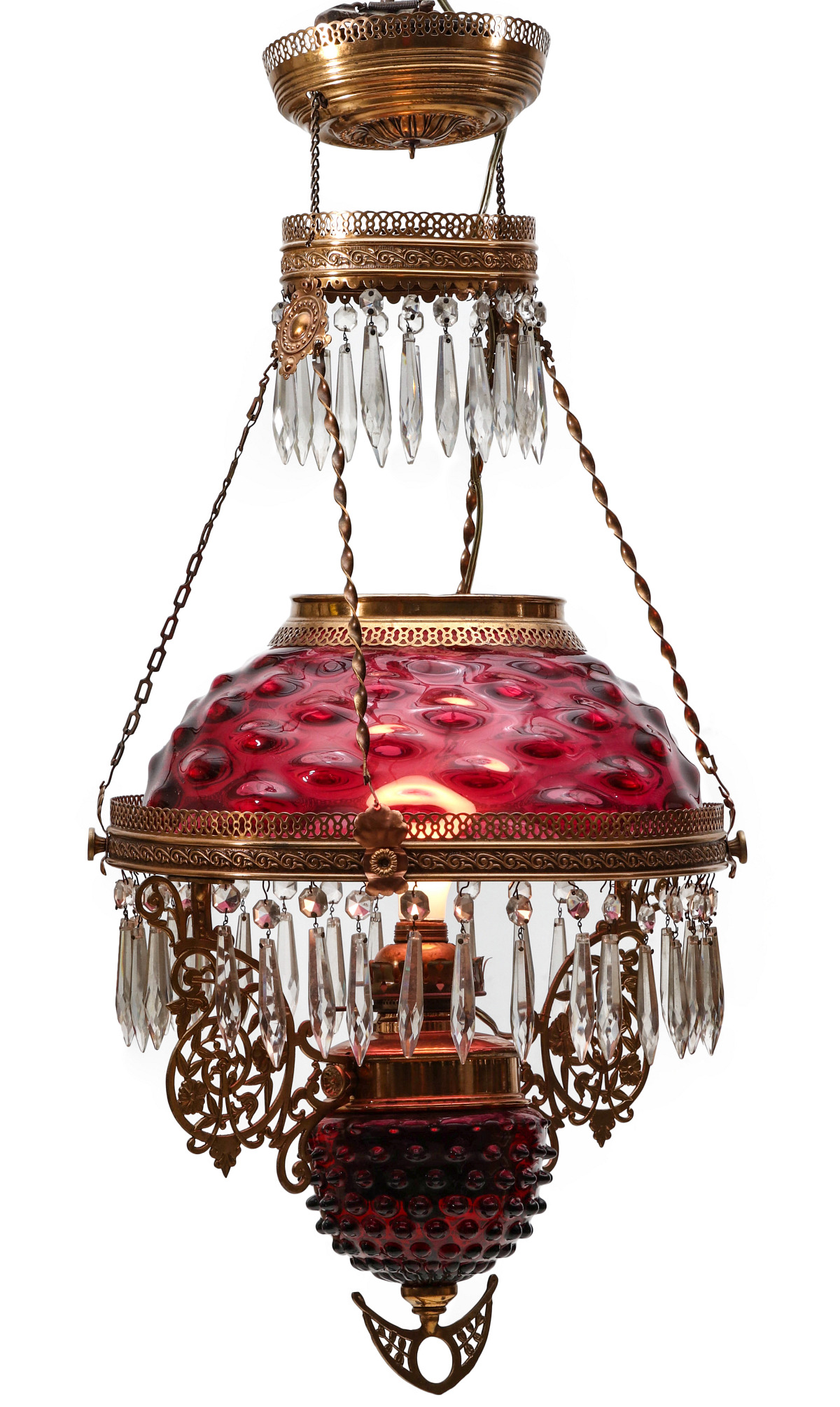 A GOOD VICTORIAN CHANDELIER WITH CRANBERRY FONT