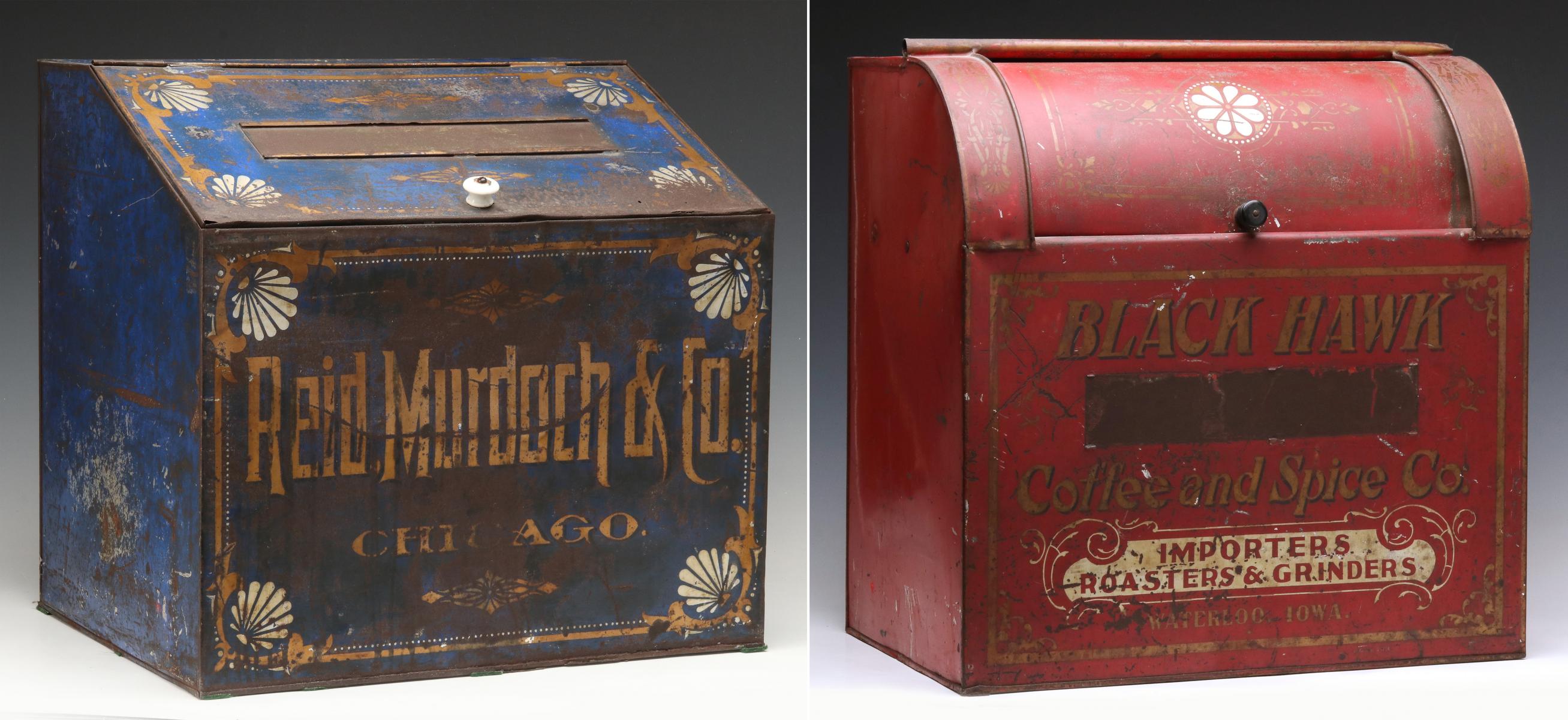 TIN LITHO COUNTRY STORE BINS CIRCA EARLY 20TH C.