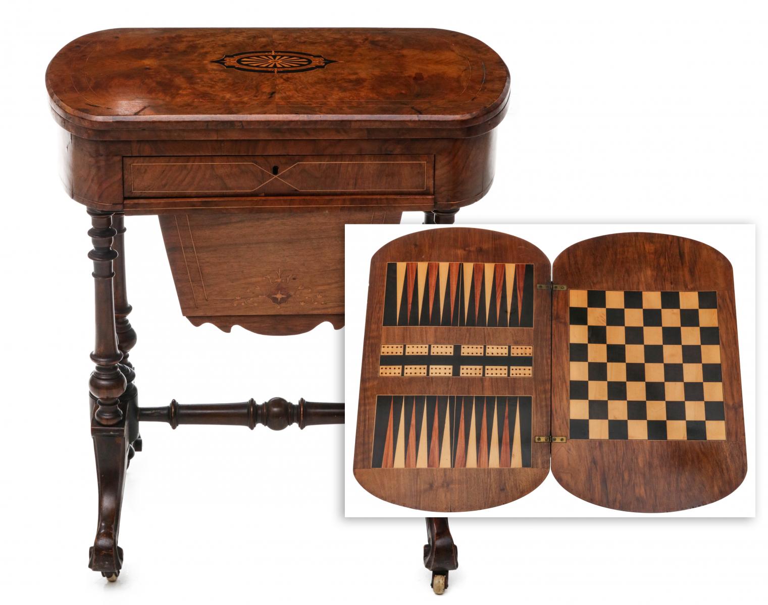 A FINE AND RARE BURLED SEWING STAND GAMES TABLE