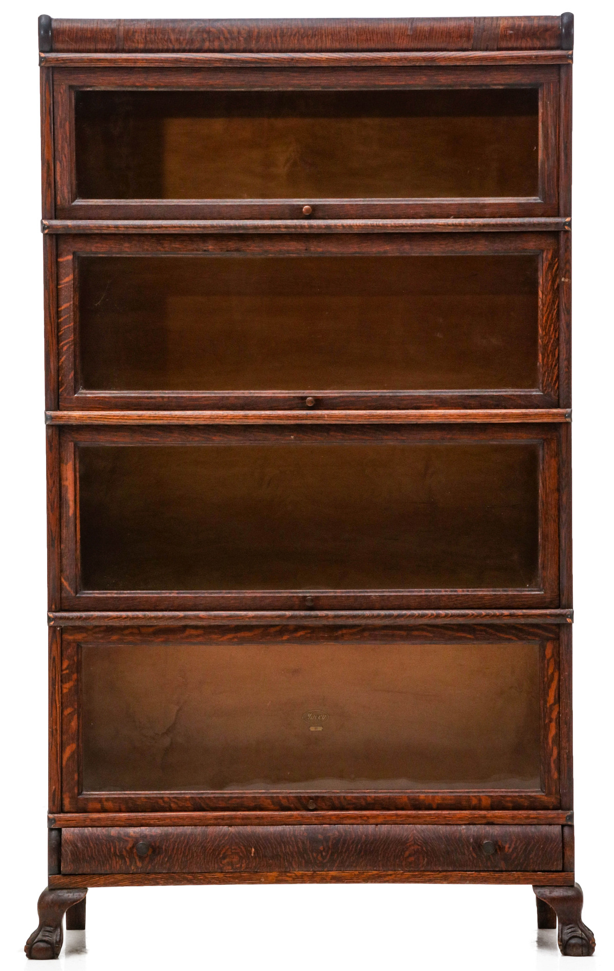 A MACEY FOUR STACK BOOKCASE ON CARVED PAW FEET