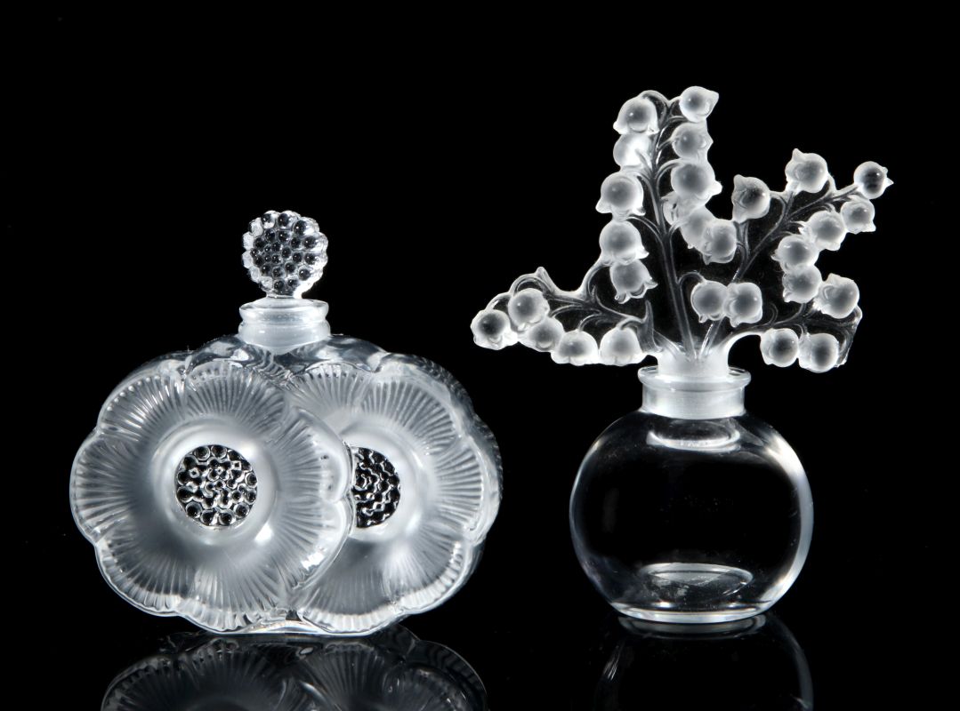 TWO LALIQUE FRENCH CRYSTAL PERFUME BOTTLES