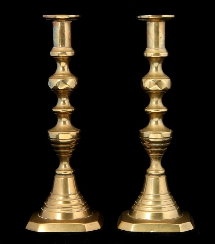 A PAIR 19TH C. BEEHIVE PATTERN CANDLE STICKS