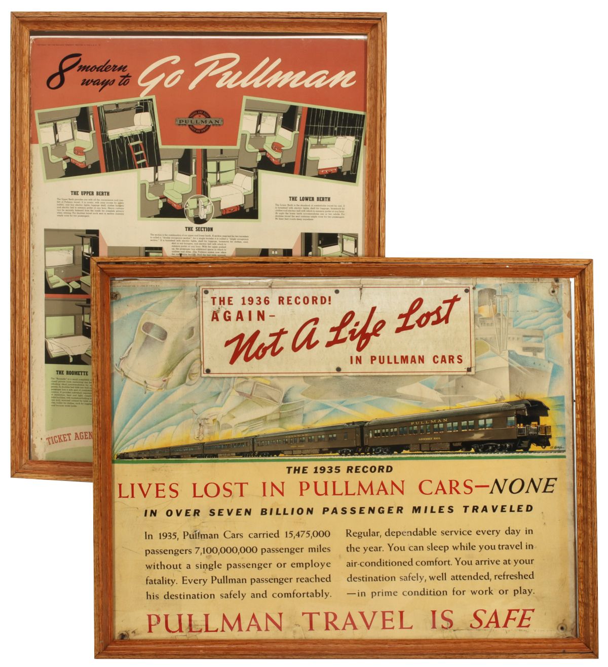 TWO PULLMAN RAIL CAR ADVERTISING POSTER PLACARDS