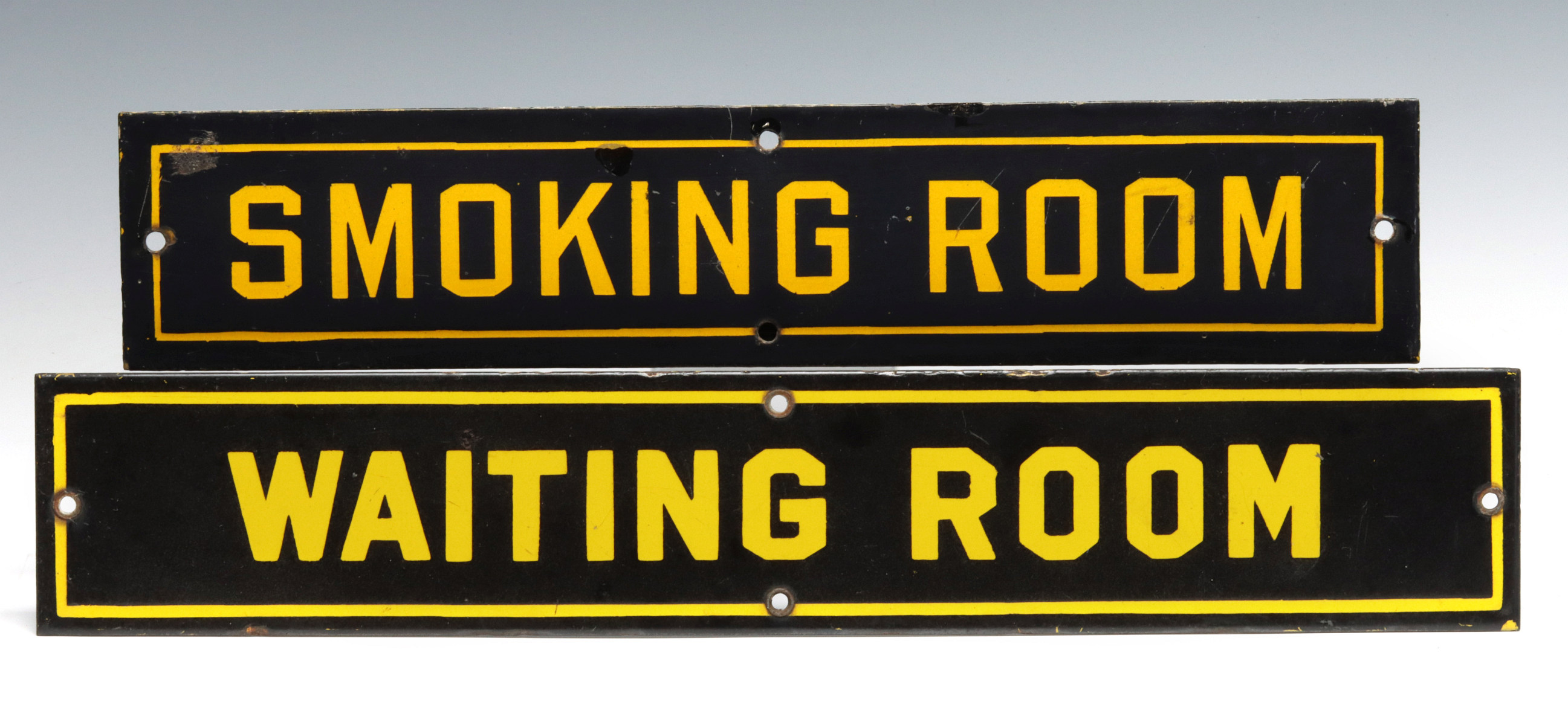 PORCELAIN ENAMEL 'SMOKING ROOM' & ' WAITING ROOM' SIGNS