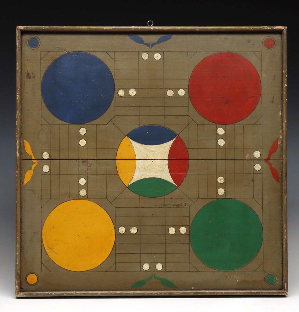 A 19TH C. AMERICAN PAINTED WOOD PARCHEESI GAME BOARD