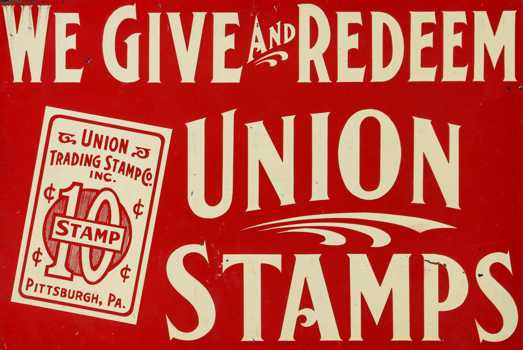 A UNION TRADING STAMPS 10 CENTS DOUBLE-SIDED TIN SIGN