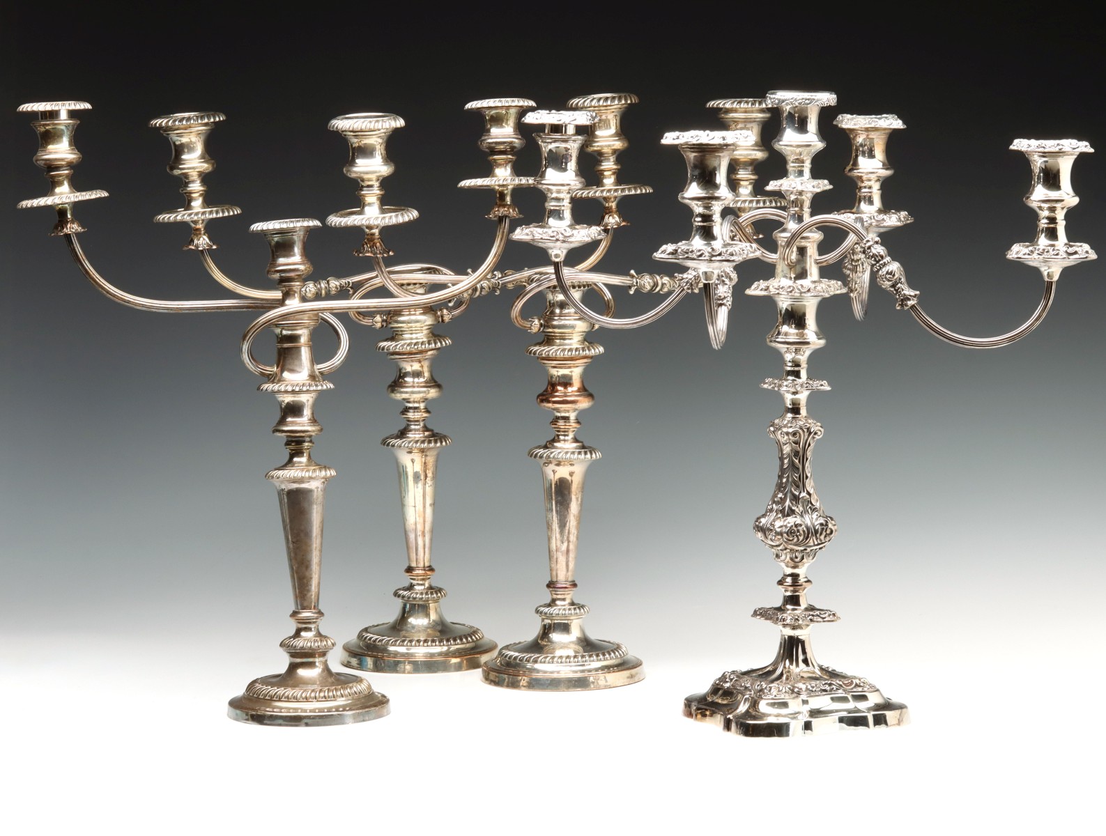 OLD SHEFFIELD PLATE CANDELABRA PAIR, PLUS TWO OTHERS