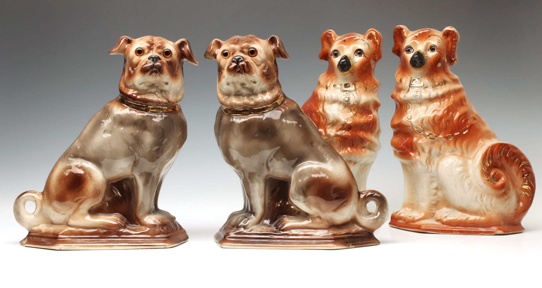 TWO GOOD PAIR 19TH C. STAFFORDSHIRE POTTERY DOGS