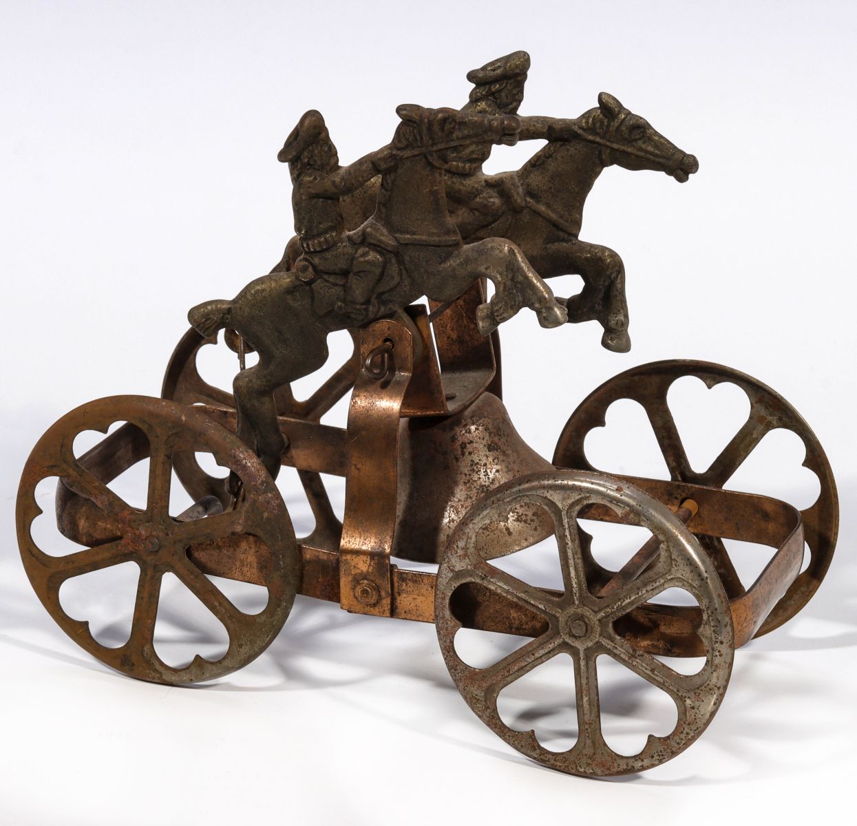 A VICTORIAN BELL RINGER PULL TOY WITH FIGURAL COWBOYS