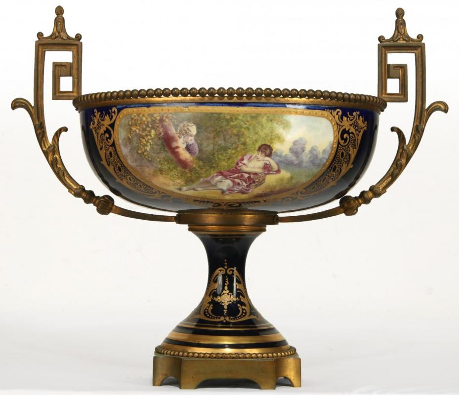 A 19TH C. SEVRES-TYPE PORCELAIN BRONZE MOUNTED COMPOTE 