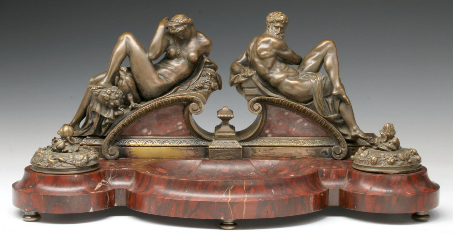A 19TH CENTURY BRONZE AND ROUGE MARBLE DOUBLE INKWELL