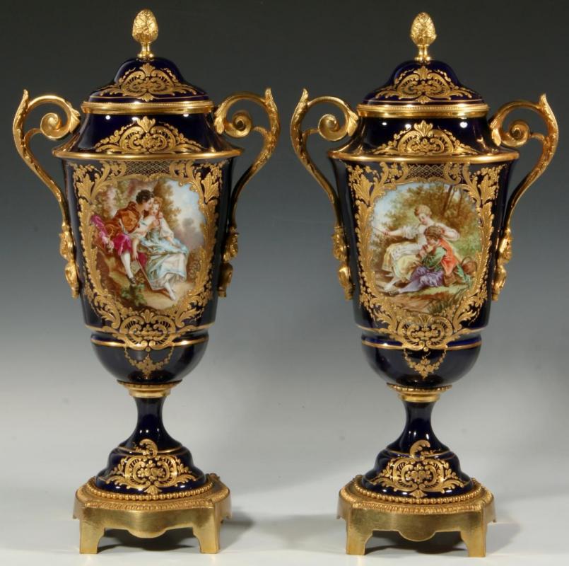 A PAIR OF HIGH QUALITY SEVRES PORCELAIN COVERED URNS