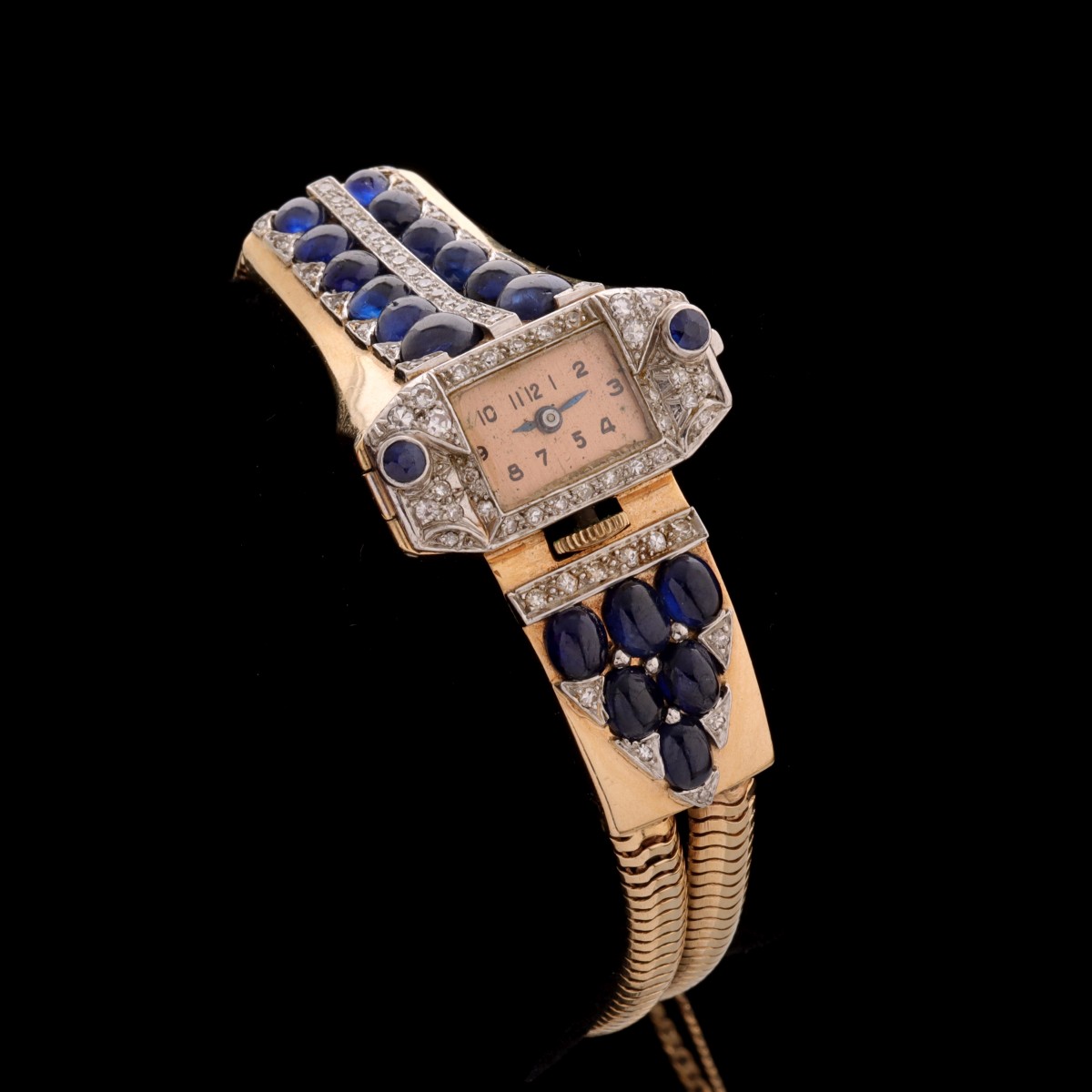 A 14K ROSE GOLD SAPPHIRE AND DIAMOND LADIES WATCH