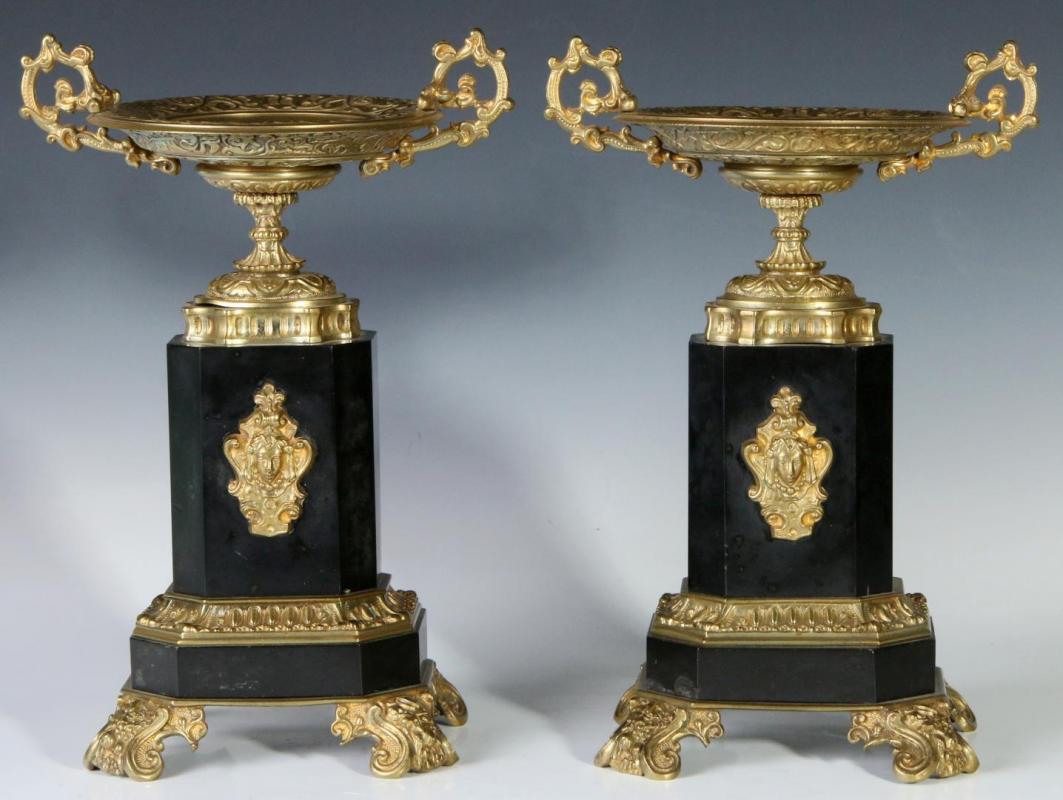 A PAIR OF LATE 19TH C. BRASS AND SLATE TAZZA