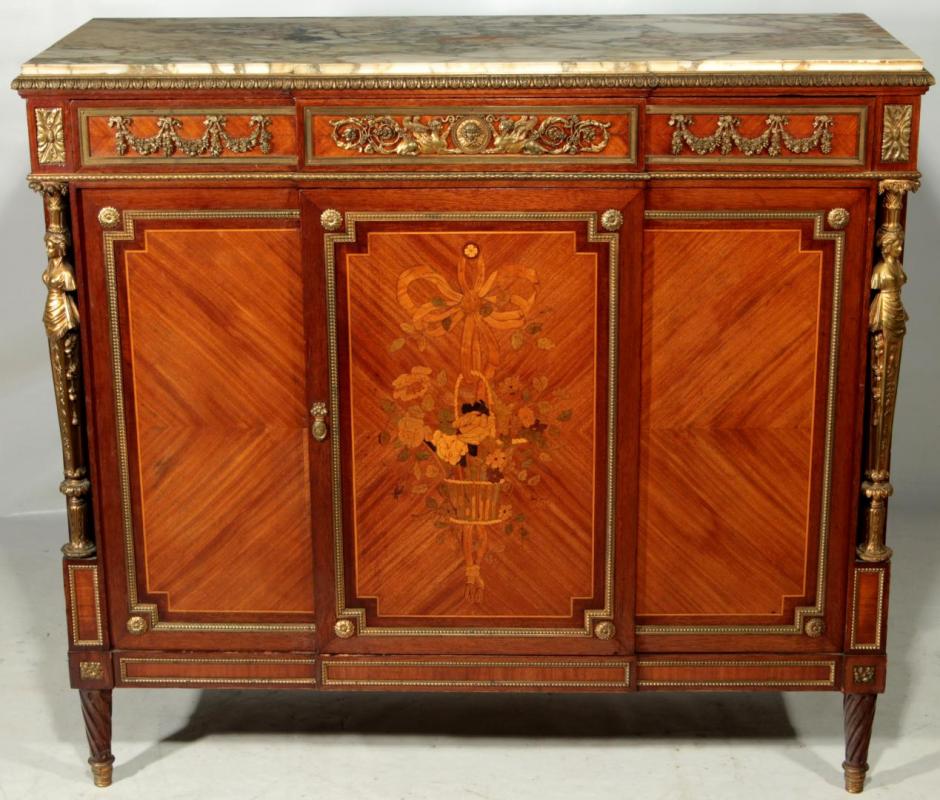 A 19TH CENTURY LOUIS XVI STYLE MARQUETRY CABINET
