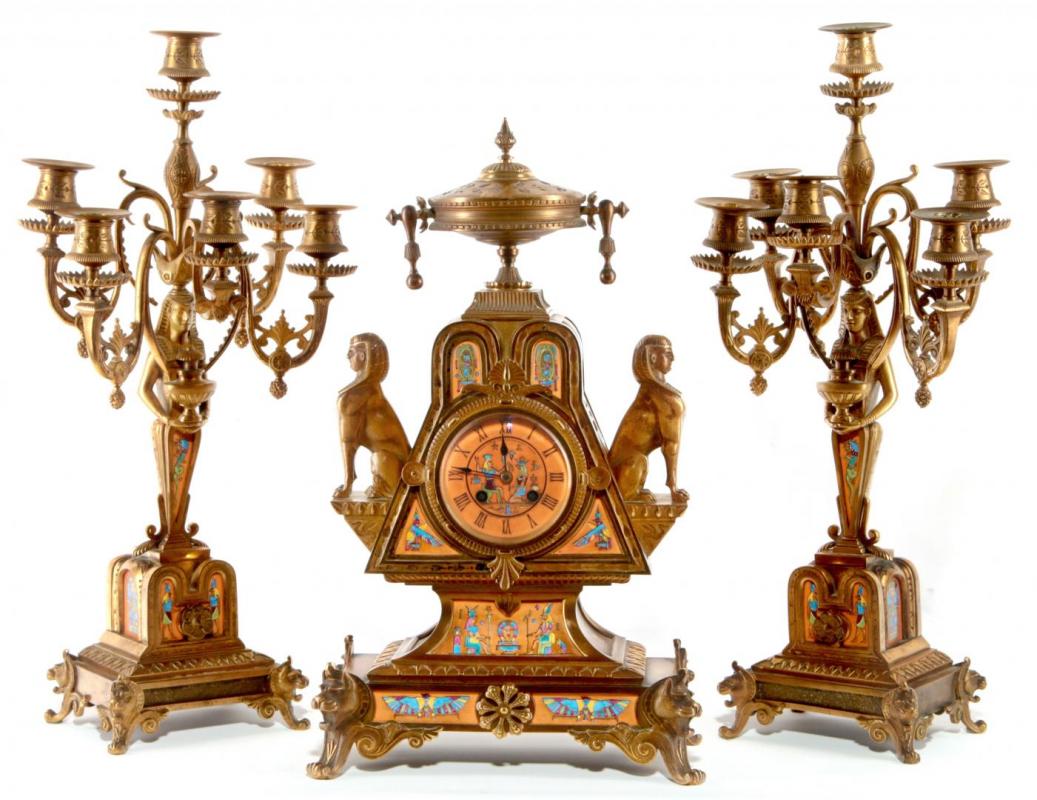 AN EXCEPTIONAL LEROY & FILS EGYPTIAN REVIVAL CLOCK SET 