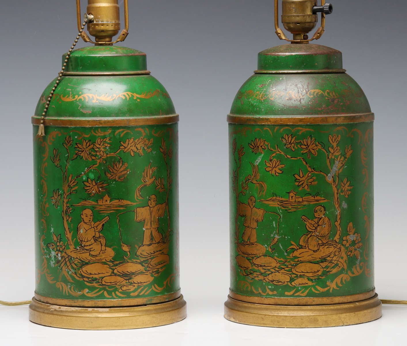 A PAIR 19TH CENT TOLE TEA CANISTERS AS TABLE LAMPS