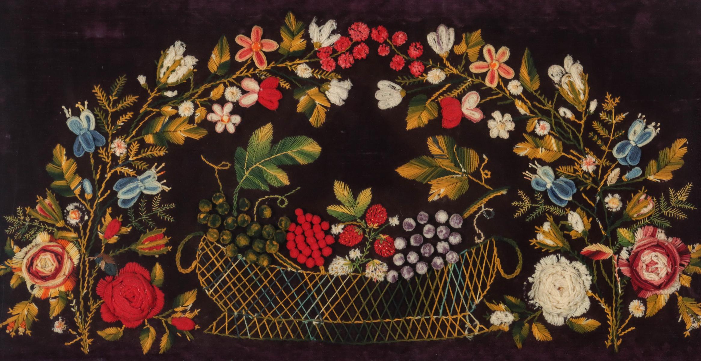 A LARGE 19C. STUMPWORK AND EMBROIDERED VELVET TEXTILE