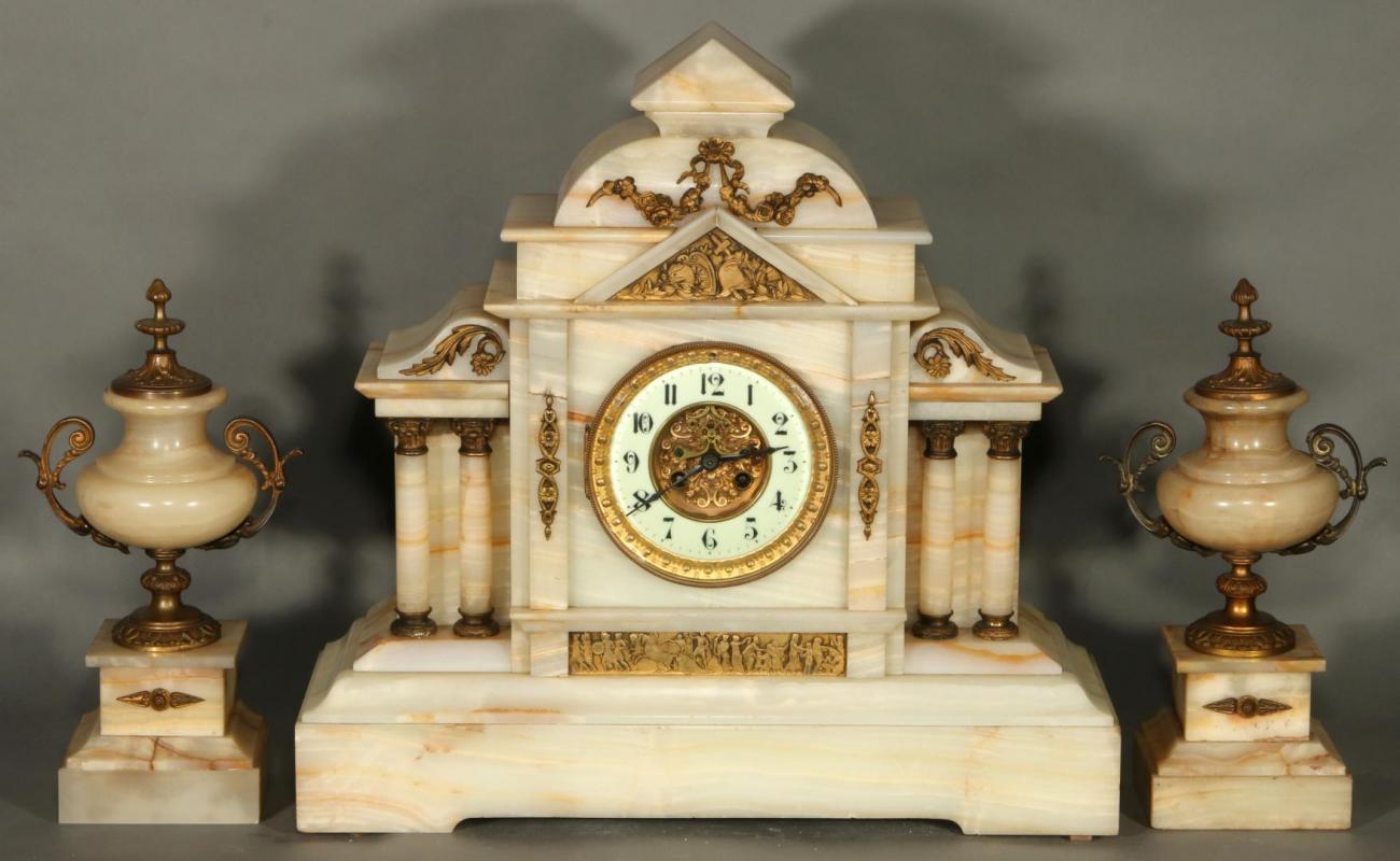 A LATE 19TH C. WHITE MARBLE CLOCK SET WITH ORMOLU