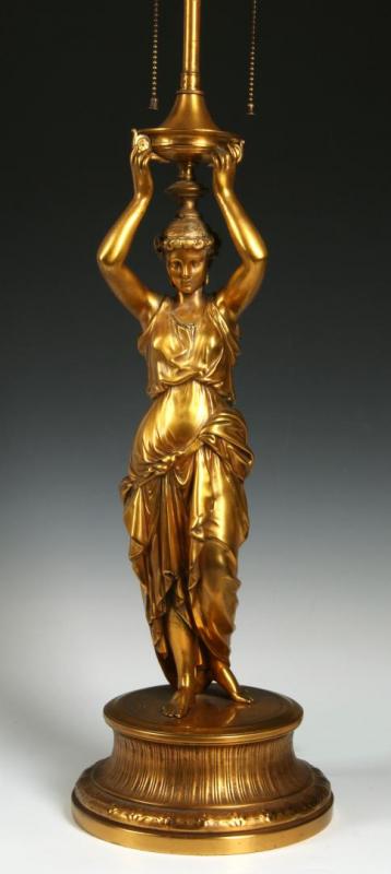 A 19TH C. GILT BRASS CLASSICALLY ROBED FIGURE LAMP