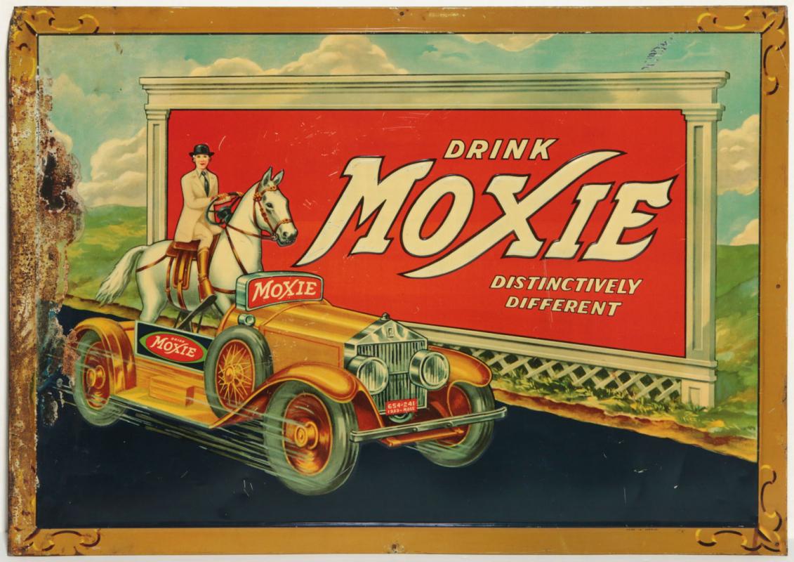 A MOXIE COLA SIGN PICTURING WOMAN IN FANTASY AUTO