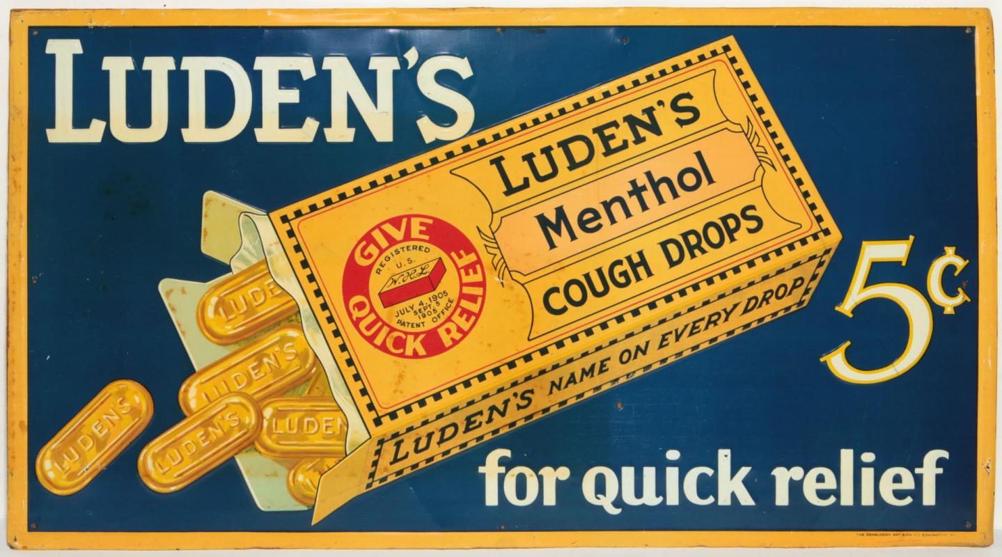A COLORFUL LUDEN'S 5 CENTS COUGH DROPS TIN SIGN C. 1930