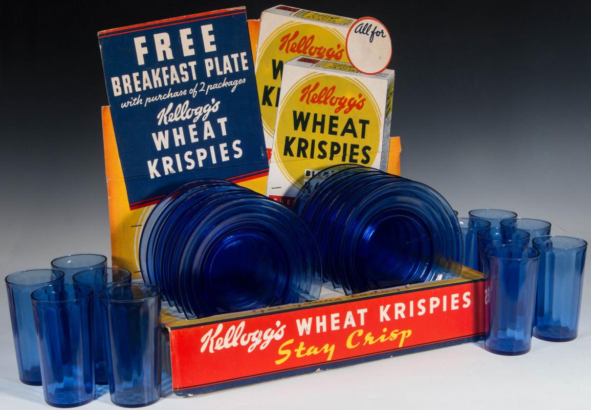 KELLOGG'S CEREAL DISPLAY WITH DEPRESSION GLASS PREMIUMS