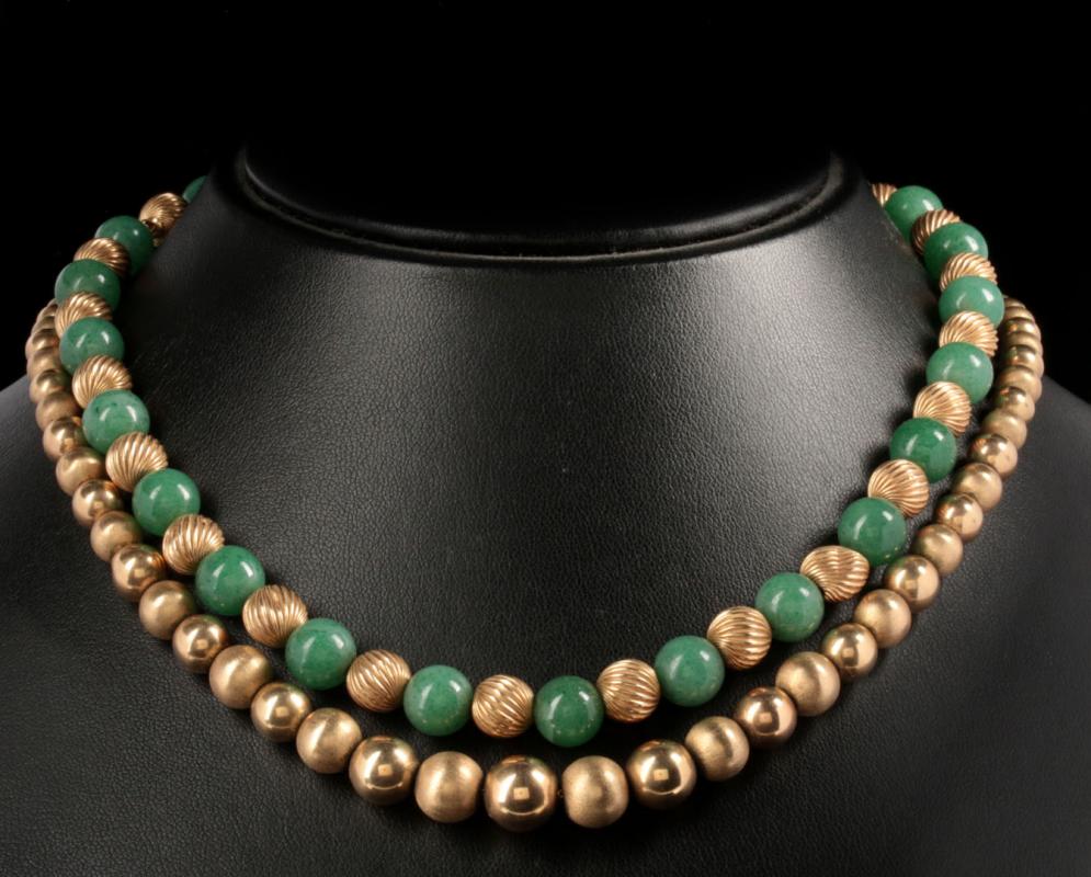 TWO 14K GOLD BEAD AND JADE BEAD NECKLACES