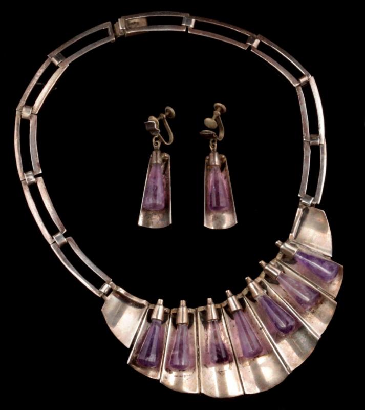 A BETO TAXCO STERLING AND AMETHYST NECKLACE W/EARRINGS