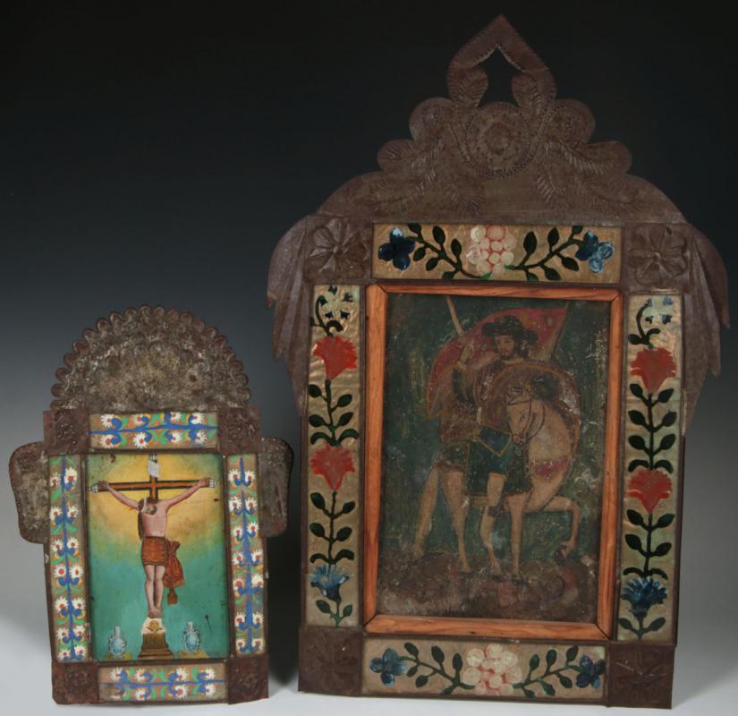 TWO 19TH C. MEXICAN RETABLO PAINTINGS IN TIN FRAMES