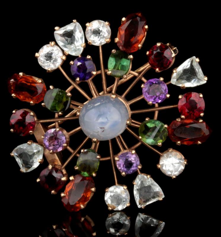 A MID-20TH CENTURY 14K BROOCH WITH COLORED GEMS