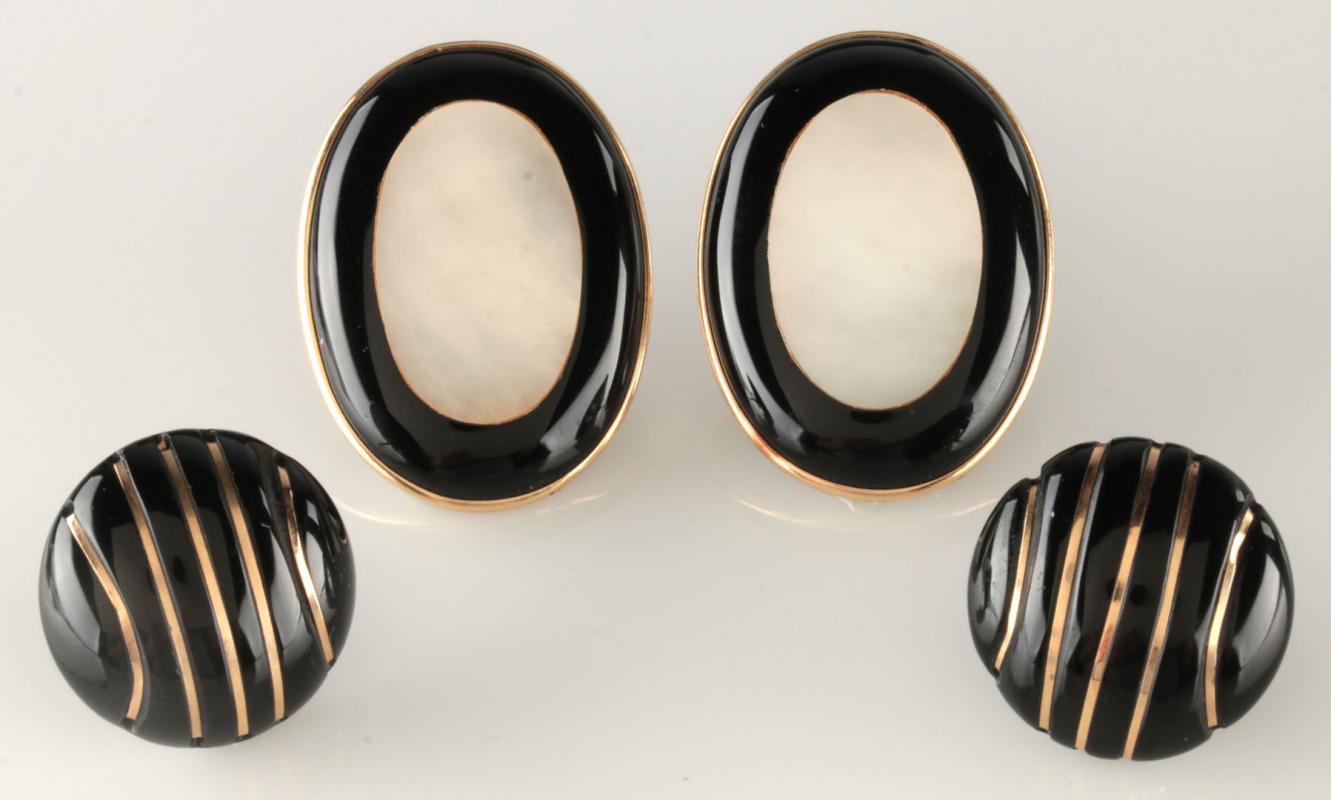 TWO PAIR OF ONYX AND 14K GOLD EARRINGS