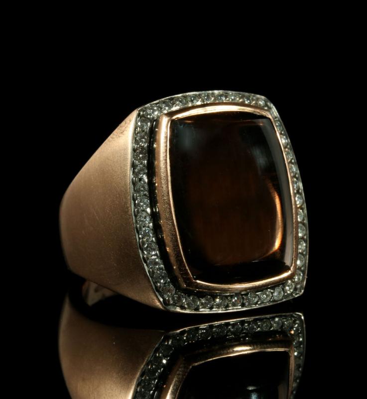GENT'S 14K ROSE GOLD RING WITH TIGER EYE & DIAMONDS