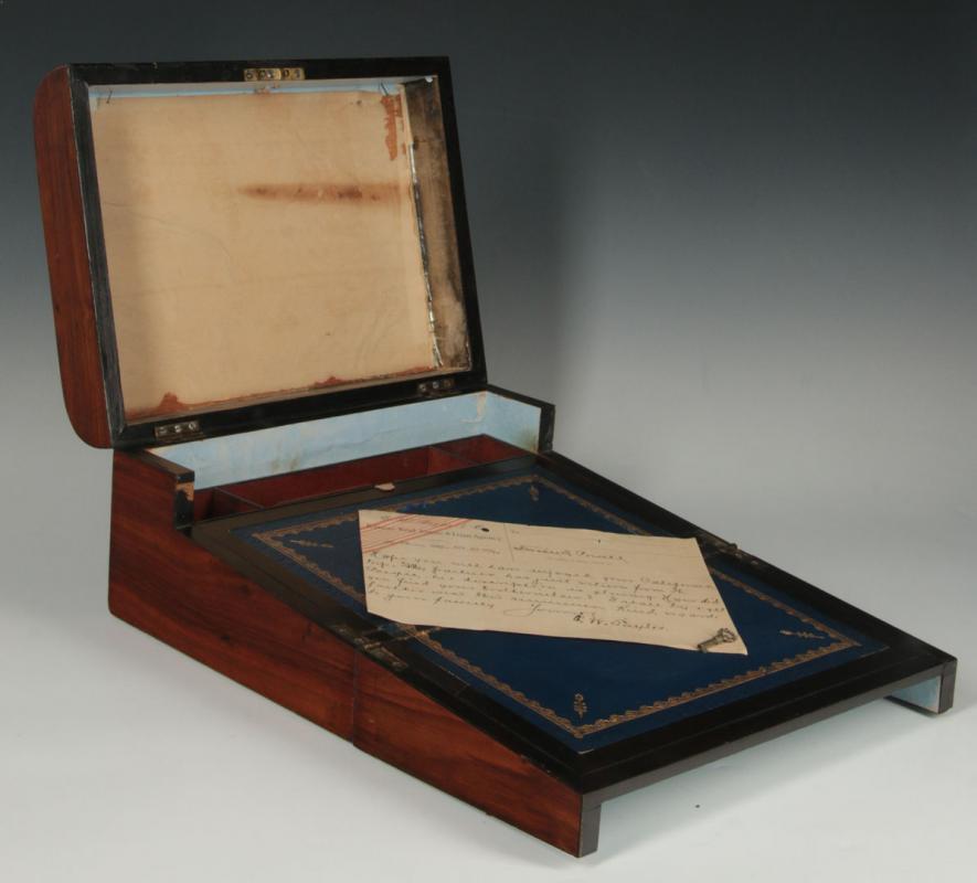 AN INTERESTING 19TH C. MARQUETRY AND INLAID LAP DESK 