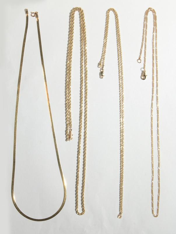 THREE 14K GOLD NECKLACES AND ONE 10K GOLD NECKLACE