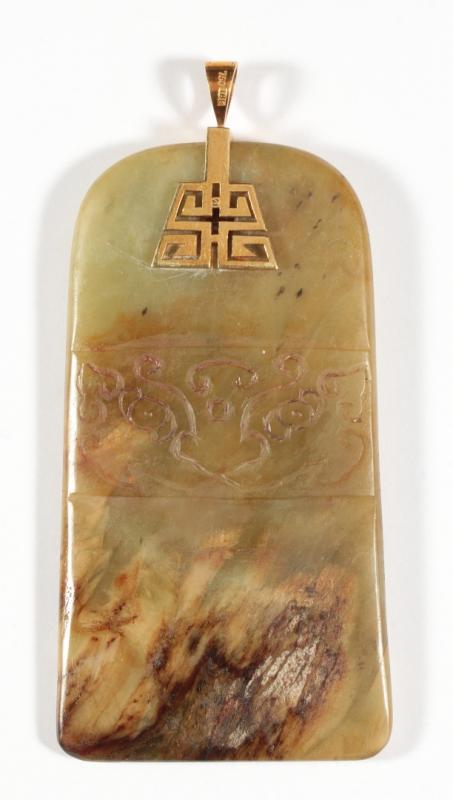 A CHINESE JADE PENDANT WITH 18K GOLD BAIL