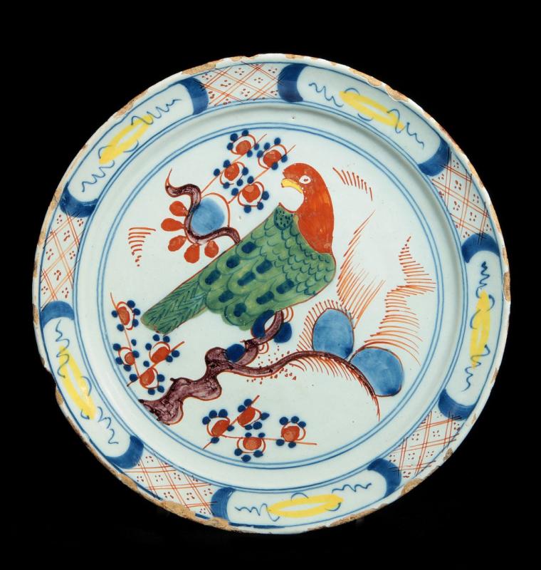 AN 18TH C. SIX-COLOR TIN GLAZE DELFT TYPE PLATE 