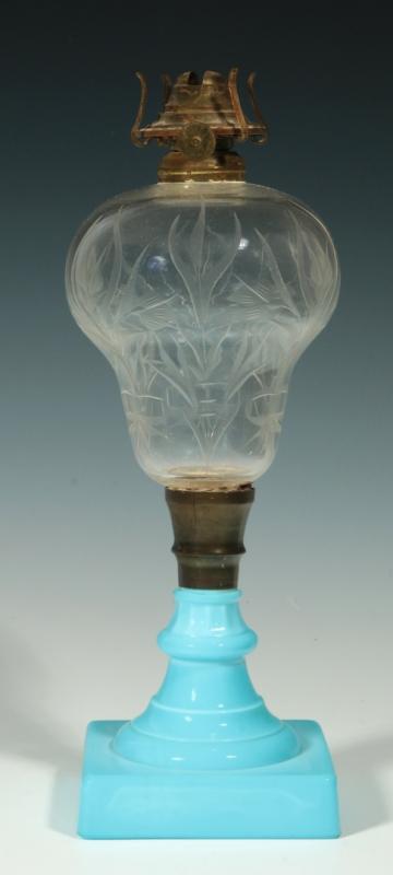 BLUE MILK GLASS BASE FLORAL ETCHED FONT FLUID LAMP