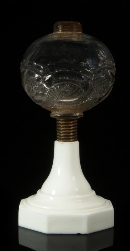 A 19TH CENTURY FLINT OIL LAMP ON MILK GLASS BASE