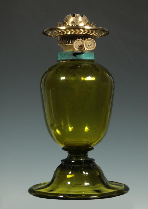 A BLOWN GLASS LAMP WITH DOUBLE WICK BURNER