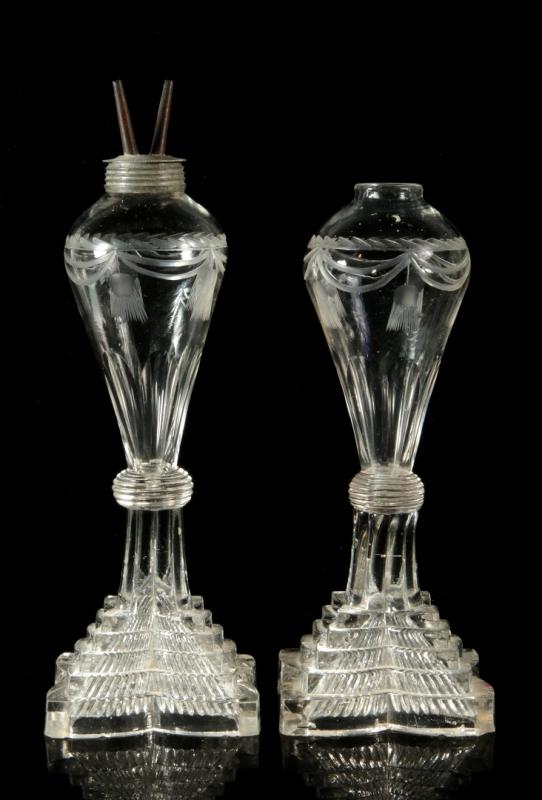 A PAIR EARLY WHALE OIL LAMPS WITH ETCHED DECORATION