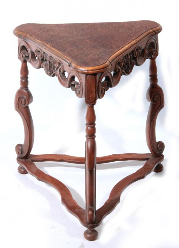 C. 1920 CARVED WALNUT TRICORN TABLE WITH BURL TOP