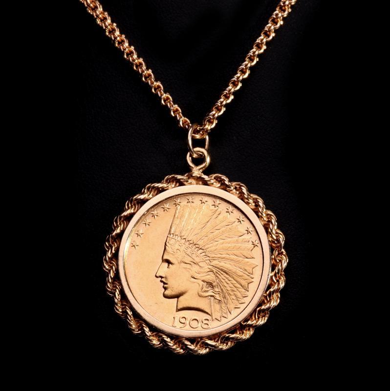 A $10 INDIAN US GOLD COIN PENDANT AND NECKLACE
