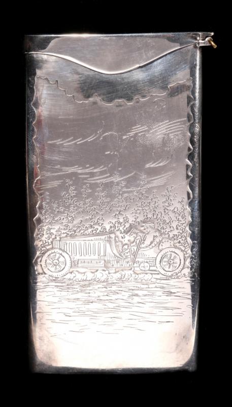AN EARLY 20TH C. STERLING CASE WITH EARLY AUTOMOBILE